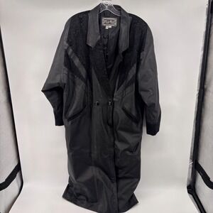 Otello Pelle Leather Coat Paisley Accent Black Vintage Longline Womens Size XL‎